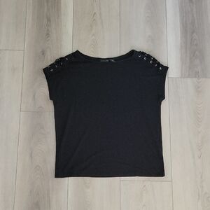 Tahari Black Lace-Up Shoulder Tee